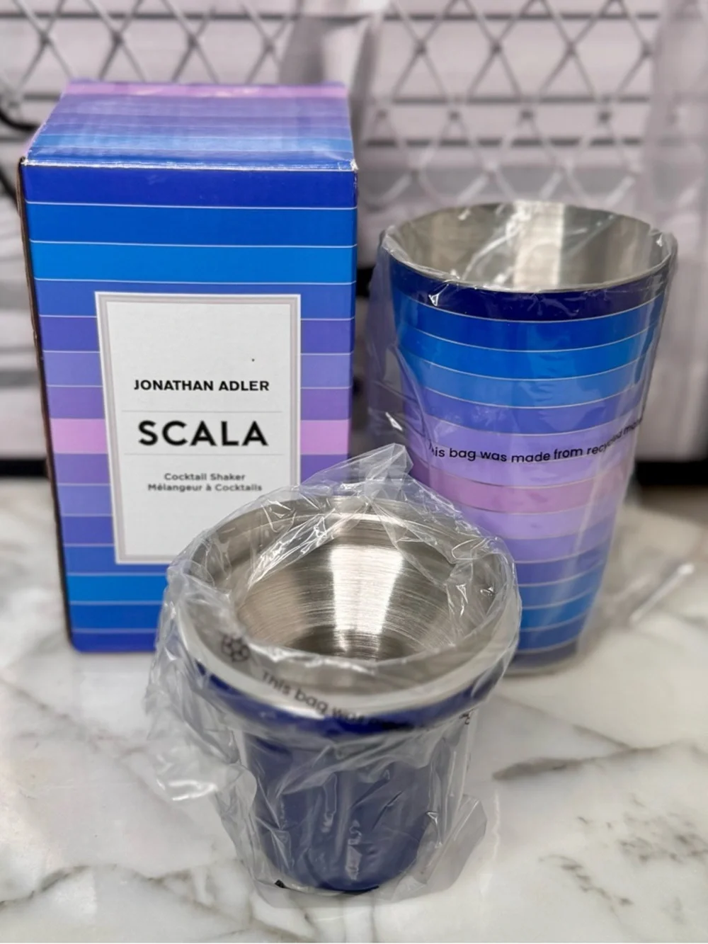 Jonathan Adler Striped Blue Gradient Cocktail Shaker MSRP 180$ men’s gift